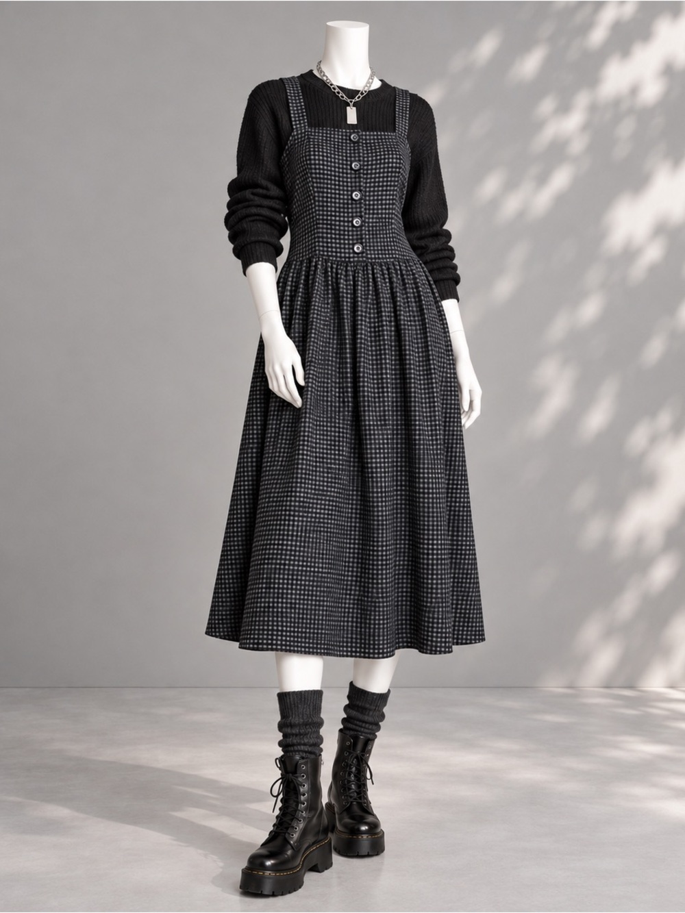Disturbia Faythe Apron Midi Dress US 6 Black Gray Check Whimsigoth Goth